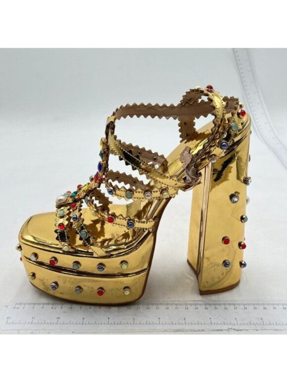 fsJ Platform Chunky Heel Sandals Square Toe Crystals Diamonds Gold